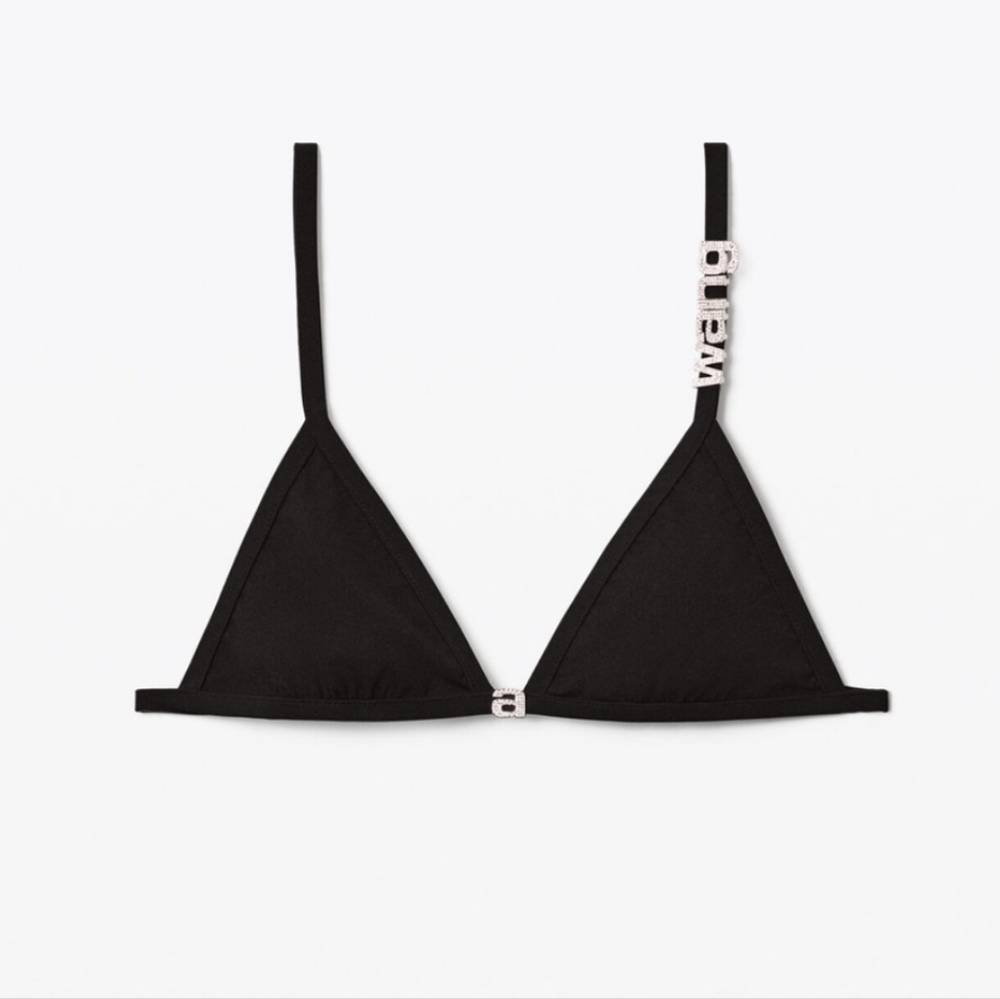 Alexander Wang Black Triangle Bikini Top with Logo Crystal Strap